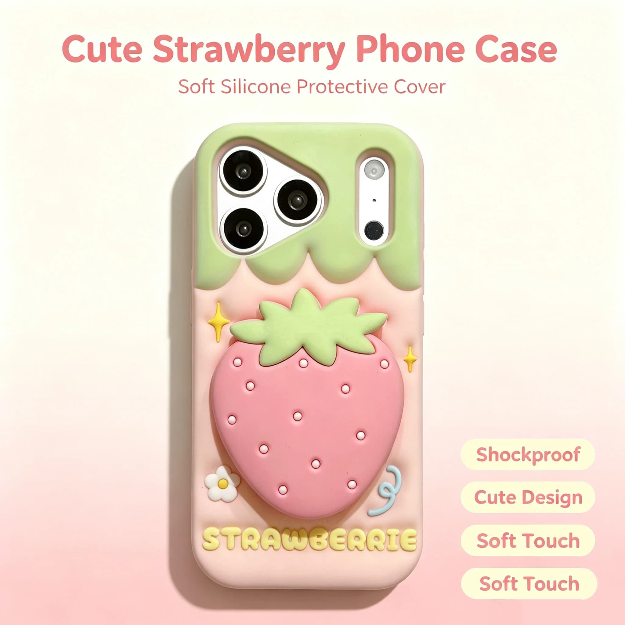 For iPhone 18 Pro Max 17 16 15 14 13 Telescopic Bracket Cute 3D Strawberry Mirror Phone Case Soft Silicone Shockproof Back Cover