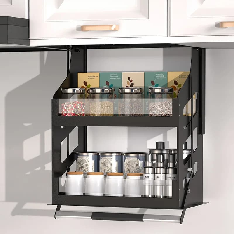 Manual vertical lift pull-down basket seasoning deepens kitchen cabinets