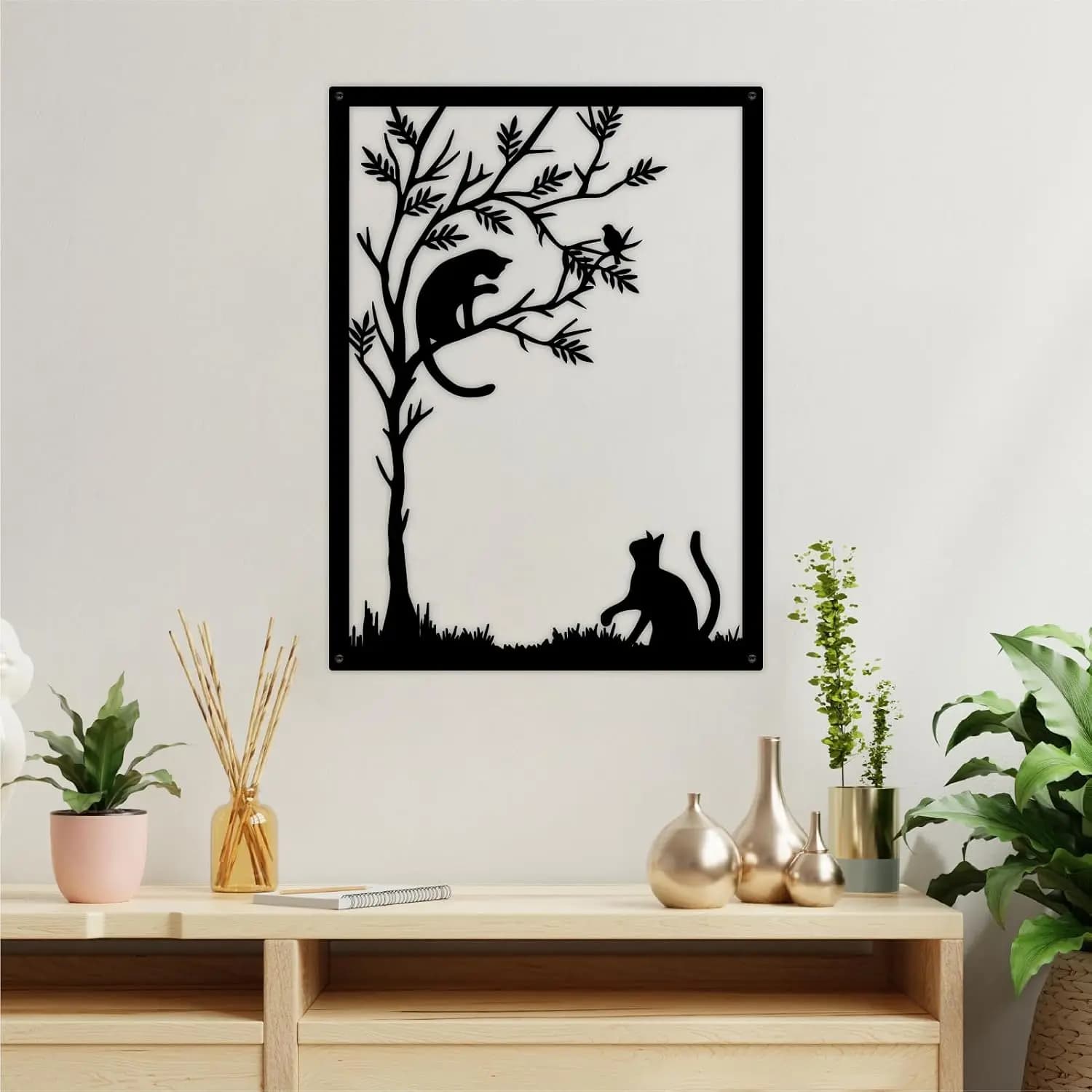 Black Metal Cat Wall Art Animal Leaf Tree Aluminum Sign Hanging Decor Outdoor Garden Gift for Housewarming Cat Lover Plaque