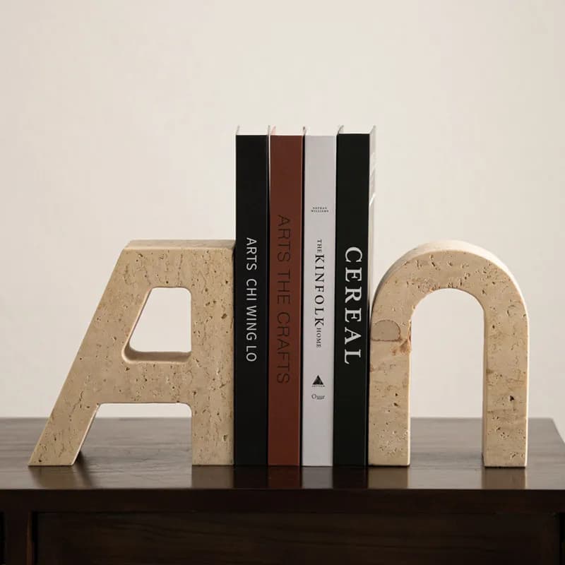 Wabi Sabi Travertine Letter Bookends Minimalist Geometric Book Holder Mid-Century Home Decor Unique Model House Desk Organizer