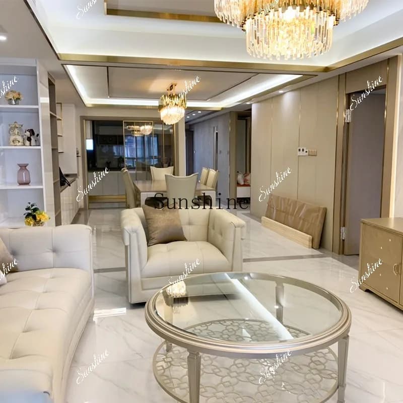 American light luxury solid wood metal coffee table hollow tempered glass surface coffee corner table  FT
