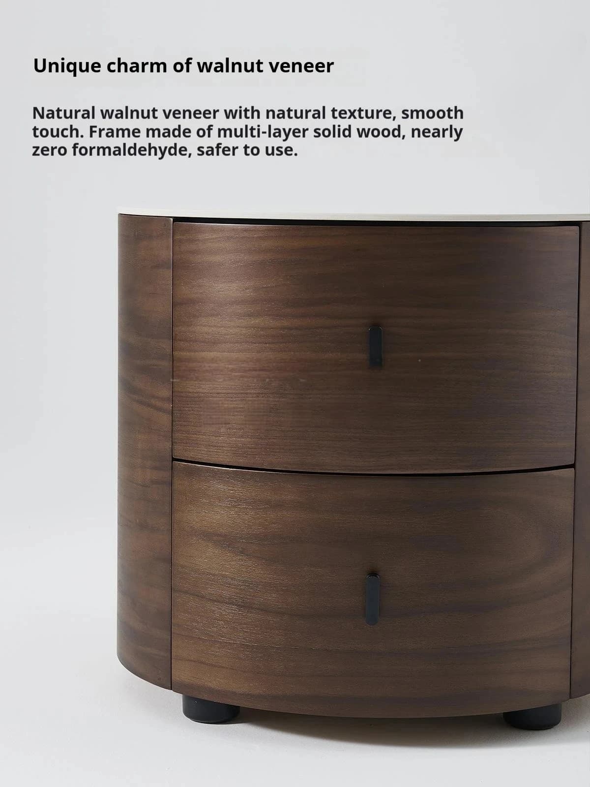 Multi-Layer Wood &Eco-Friendly Easy Clean Design Italian Minimalist Nightstand Walnut Round Bedside Table with Stone Top
