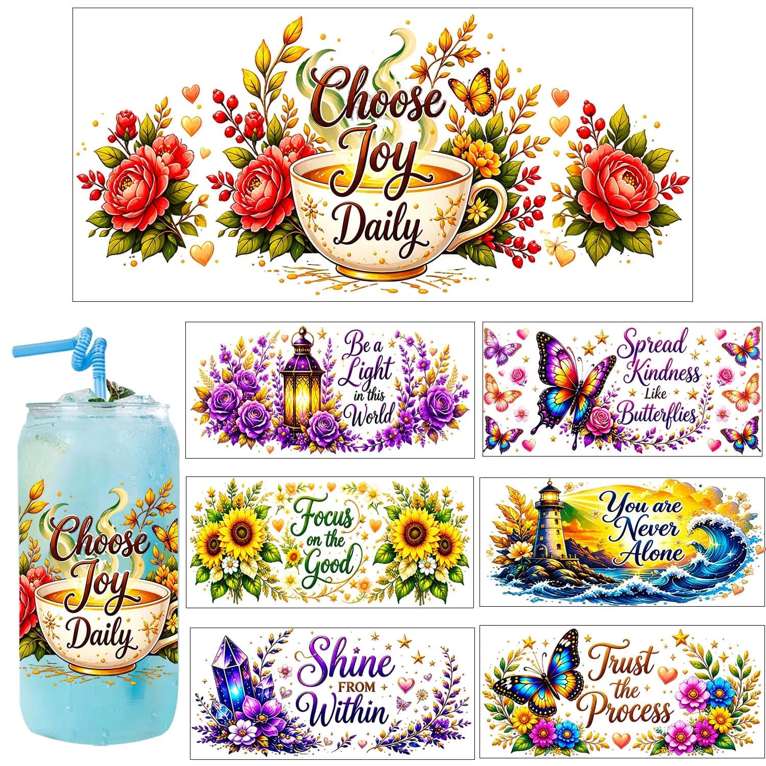 Motivational Affirmative Quotes UV DTF Transfer Sticker Waterproof DIY Decals 3D Transfers UVDTF Sticker 16oz UV DTF Cup Wraps