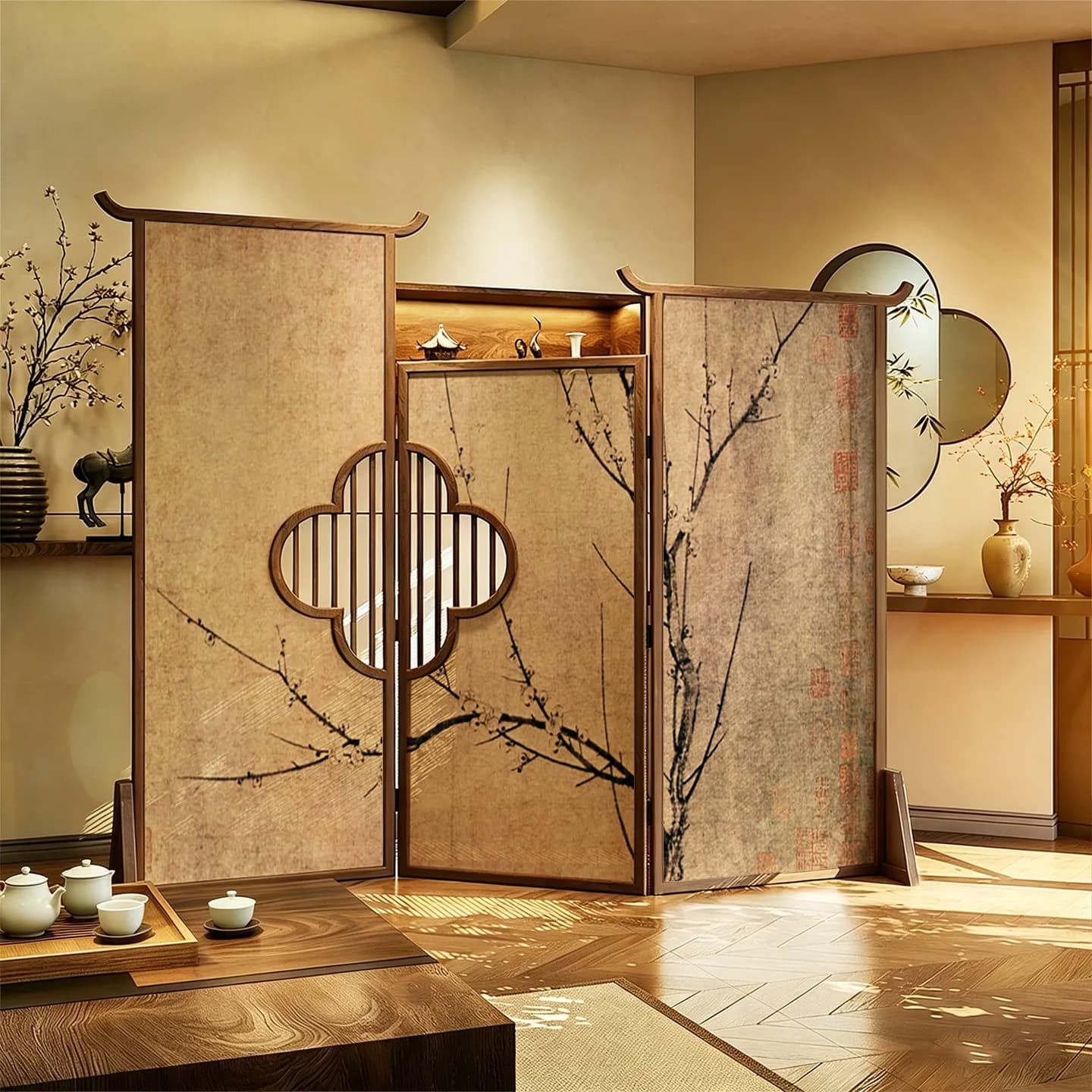 HYS Chinese screen partition Song-style aesthetic tea room hotel clubhouse background wall decoration foldable mobile solid