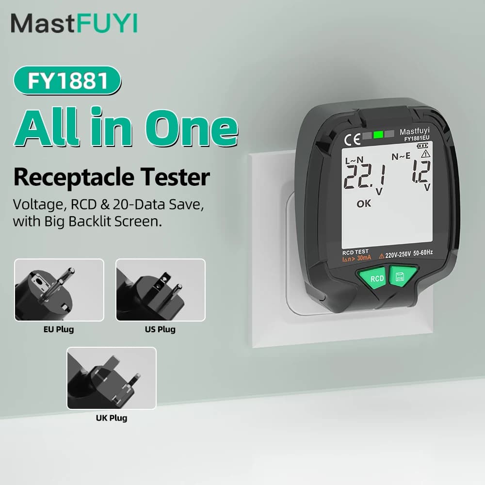MASTFUYI FY1881 Socket Tester Voltage Test RCD 30V-250V Socket Detector EU/US/UK Plug Ground Zero Line Plug Polarity Phase Check