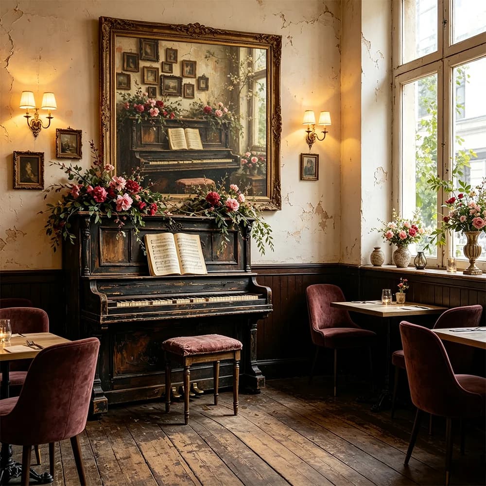Flower Piano Scenery Poster Vintage Canvas Painting Photo Wall Art Picture Retro Print for Bar Restaurant Office Home Decor