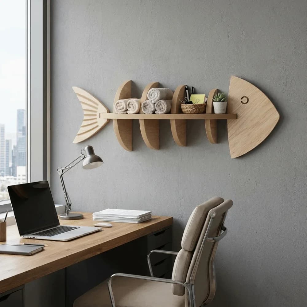 Vintage Wooden Wall Mounted Shelf Fish Shaped Multi-layer Fish Bone Shelf Handmade with Dividers Floating Shelf Kitchen Decor
