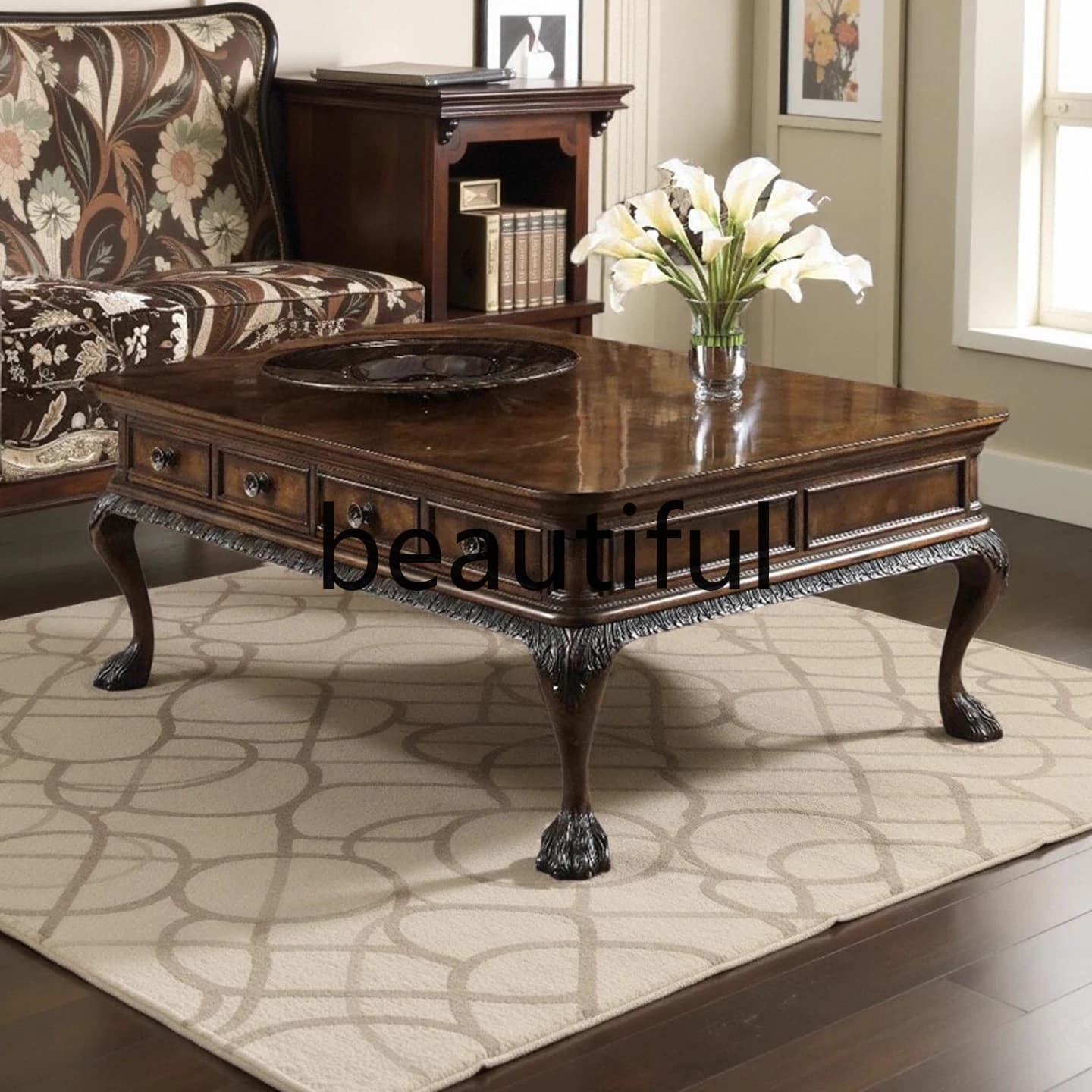 American country old solid wood coffee table retro carved storage coffee table living room European furniture