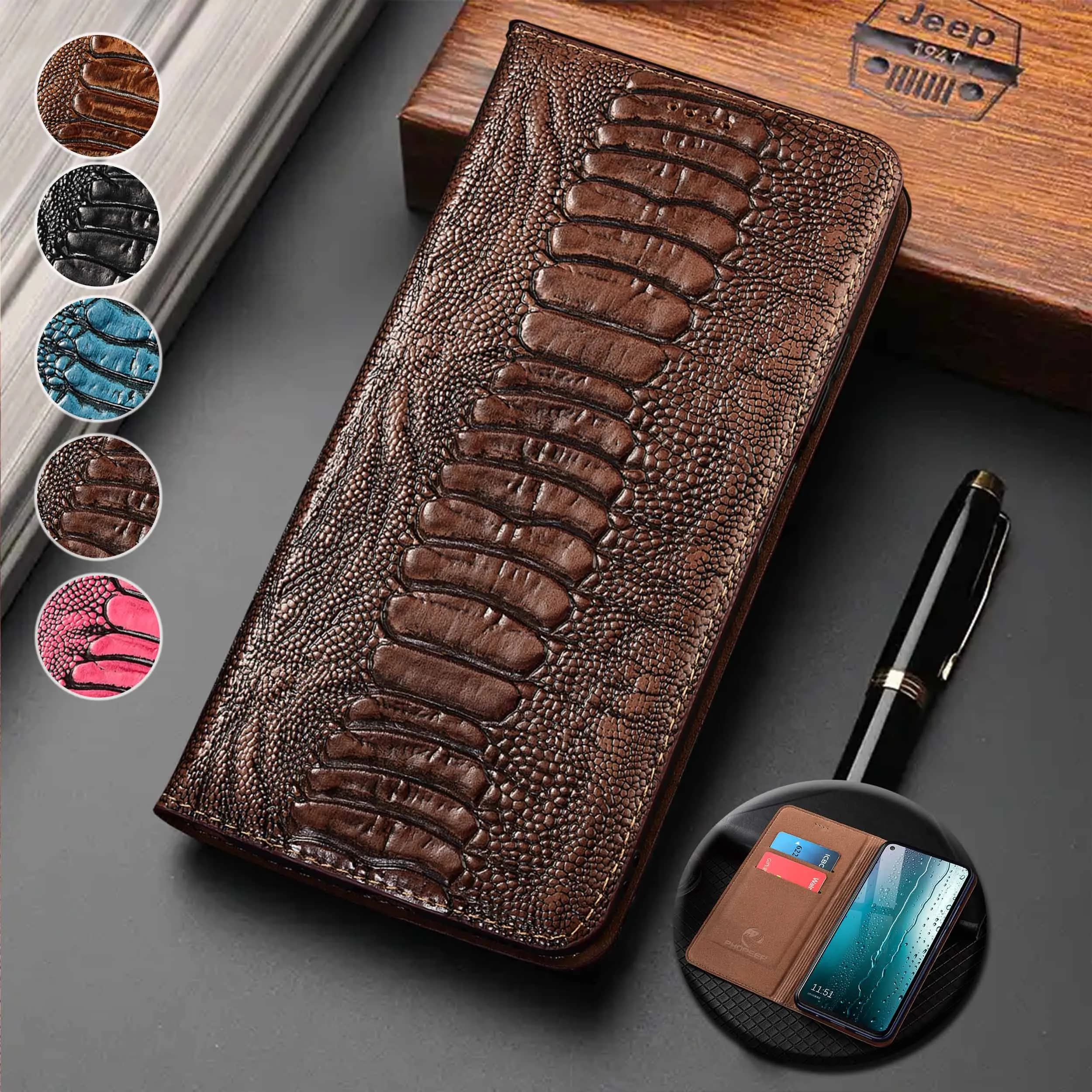 For ZTE Redmagic 5G 6 6S 7 7S 8 8S 9 9S 10 5S Pro Plus Air Ostrich Feet Pattern Of Genuine Leather  Flip Phone CoverCase Cowhide