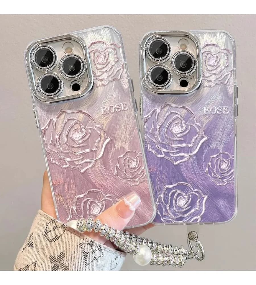 Rose Laser Phone Case With Crystal Pearl Chain For iPhone 12 13 14 15 16 17 Silver Plated Lens Elegant Oil Painting Floral Cover