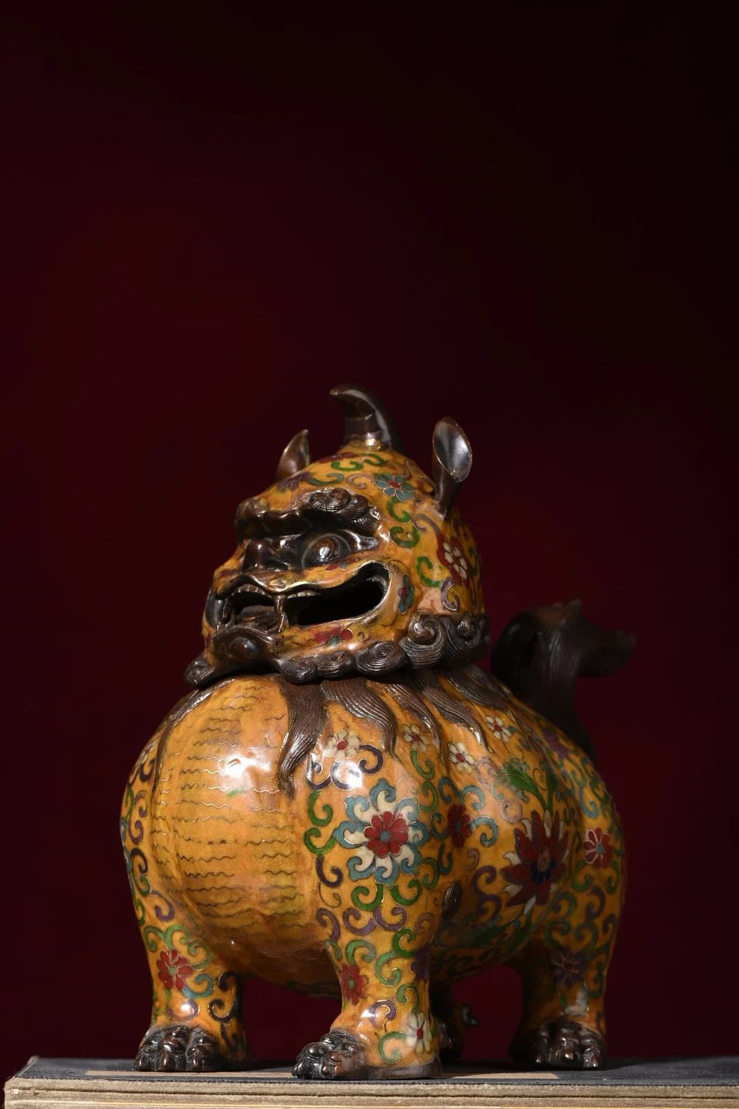 10"Xizang Folk Old Bronze Cloisonne Enamel Flower Texture Brave Troops Unicorn Pixiu Statue Incense Burner