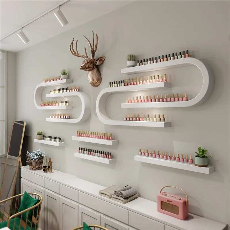 Modern beauty salon wall-mounted white wood nail polish wall display stand