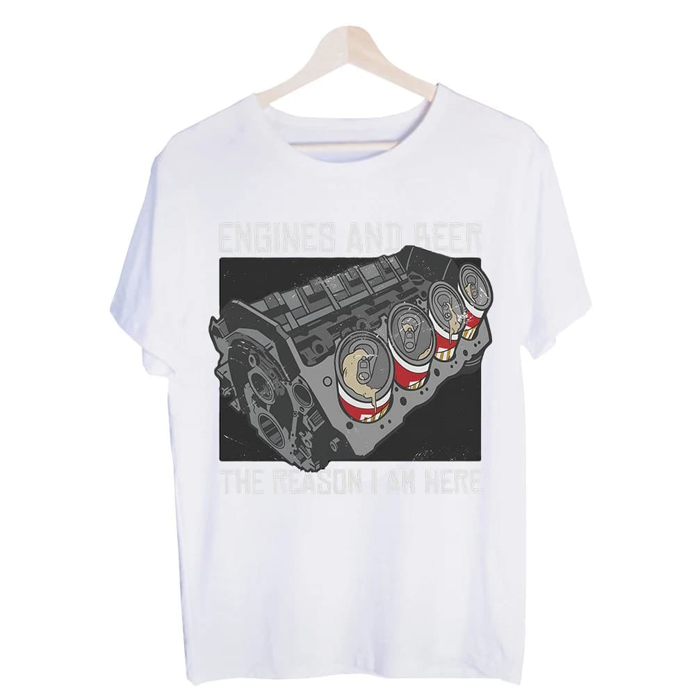 Men's Engine and Can Print Graphic Tee, Short Sleeve Casual Shirt for Daily Wear and Garage Hangouts