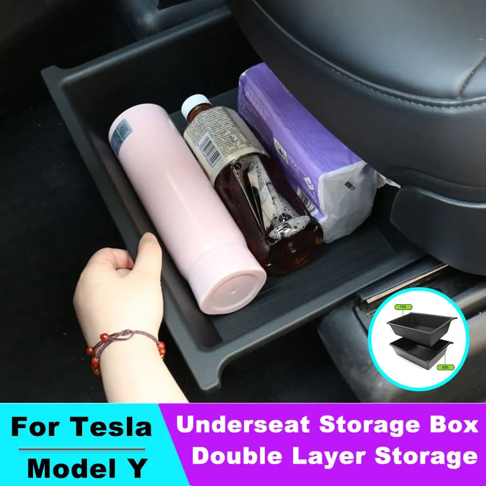For Tesla Model Y Under Seat double layer Storage Box Compatible High Capacity Organizer Case Drawer Holder Interior Accessories