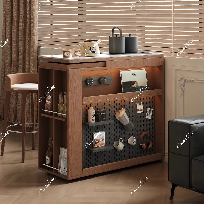 Solid wood bar table, living room partition cabinet, retractable household small apartment balcony mobile tea
