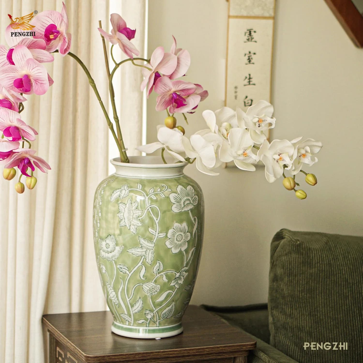 Spring Tender Green Ceramic Vase, New Blue and White Porcelain Vase, Porcelain Foyer Floor Decoration, Living Room Decoration