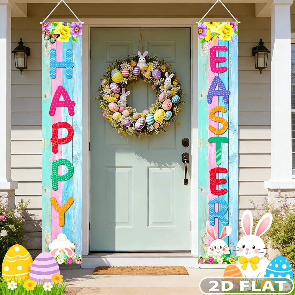 2D FLAT 1pair Easter Decorations Easter Decor Hanging Ornaments, 30x180cm/11.81x70.87 Inch Happy Easter Porch Sign Banner