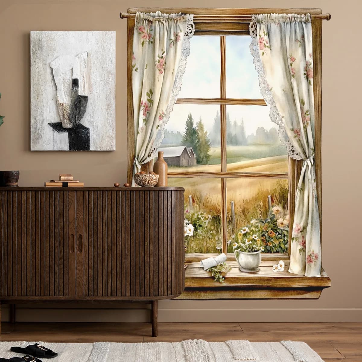 Faux Window Field View Decals - Removable Floral Landscape Stickers for Home & Shop Walls