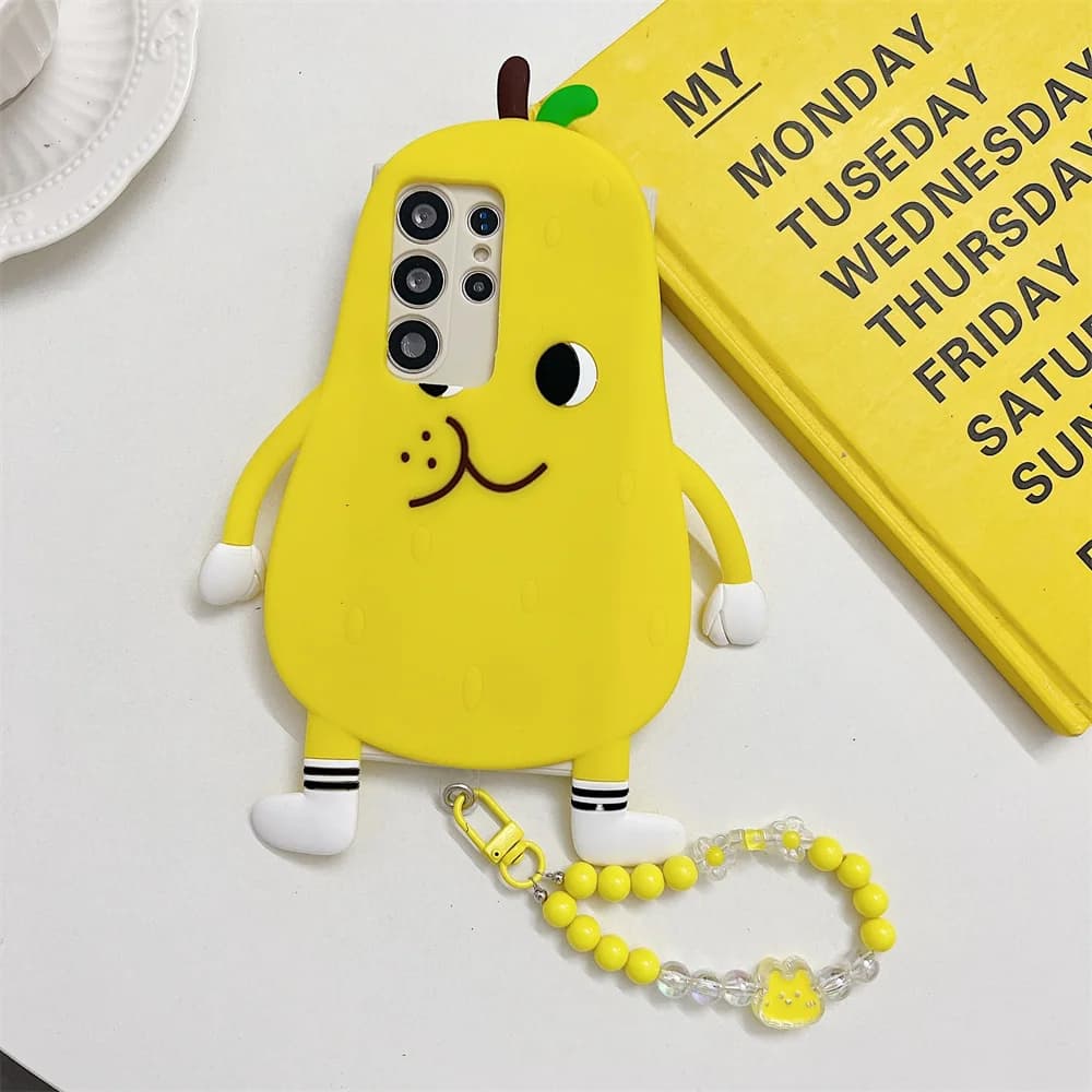 Kawaii Quirky Chubby Pear Phone Case for S26 Ultra Bead Chain Fruit Silicone Protective Cover for Samsung Galaxy S25 S23 A57