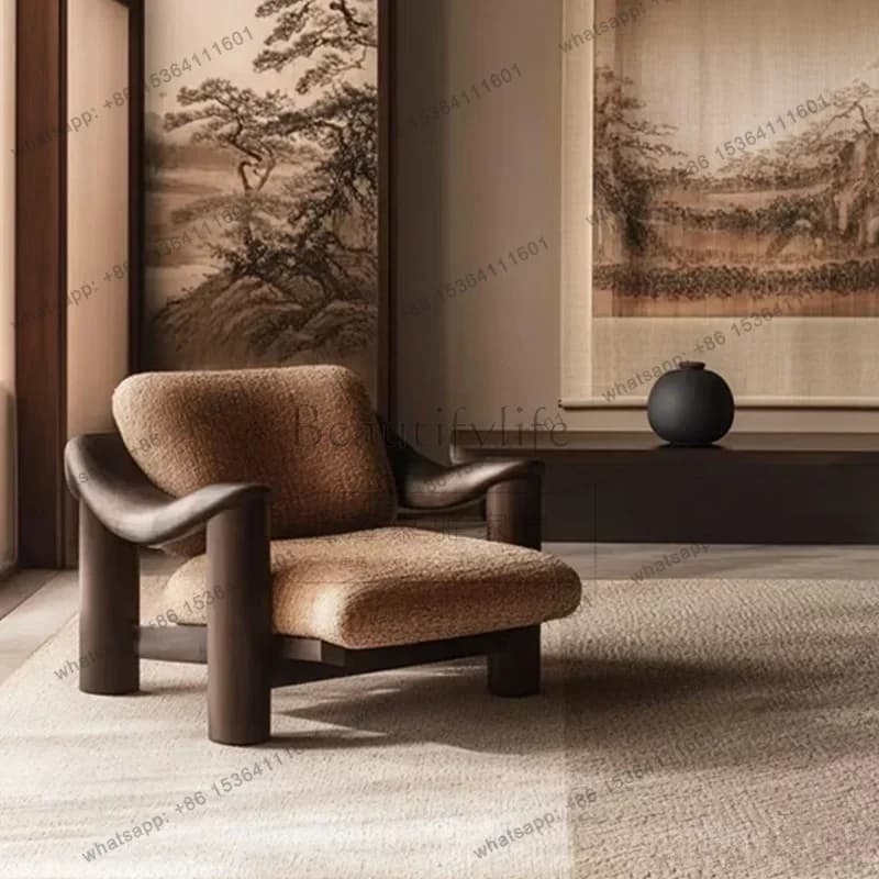 Retro simple solid wood single sofa, living room leisure chair, homestay, fabric art, negotiation chair