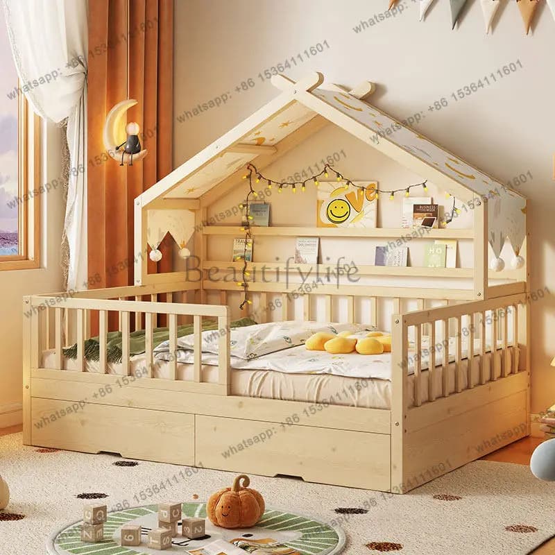 All solid wood small bed with guardrail household single tree house bed beech popsicle model