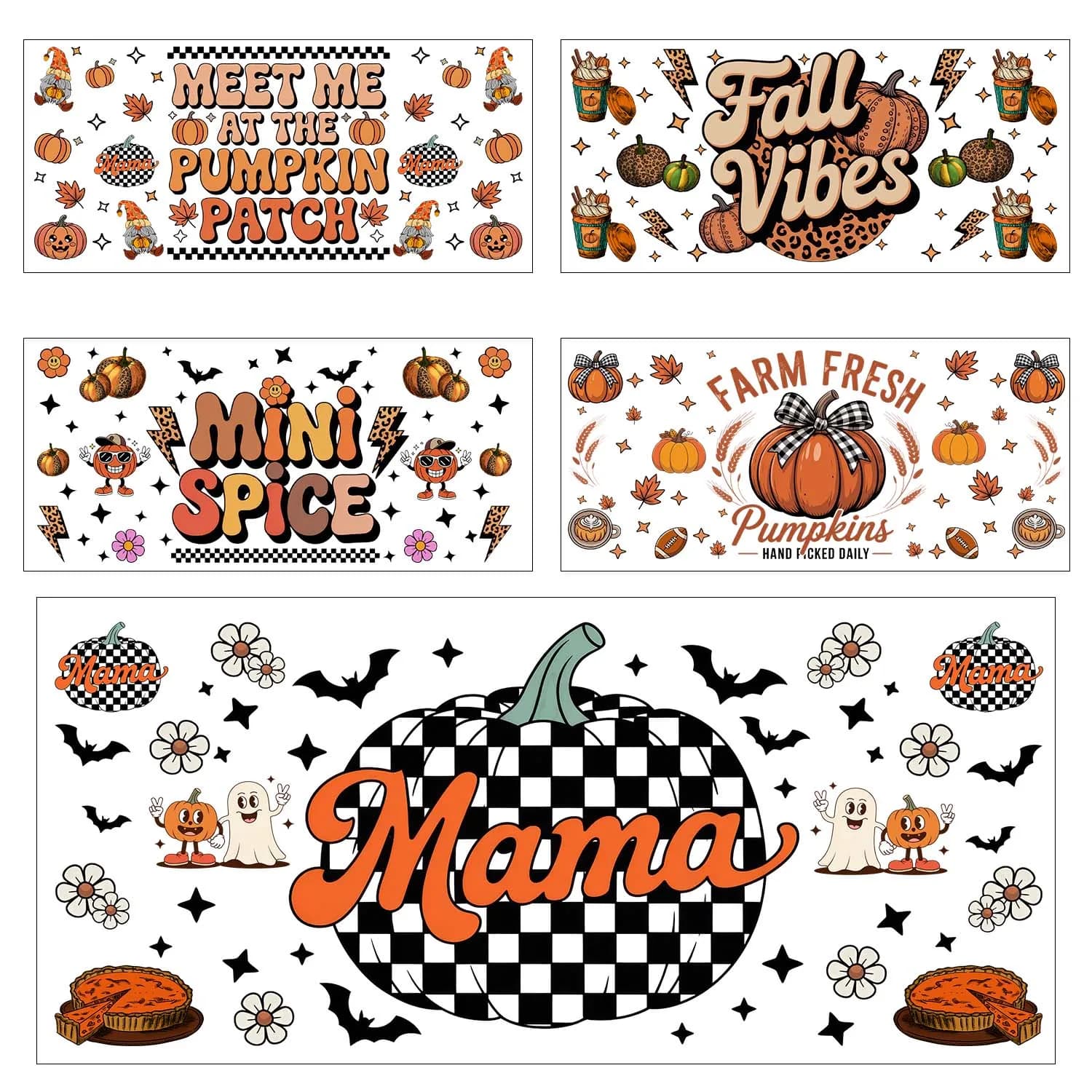 5 Sheets Fall Autumn Pumpkin Season UV DTF Sticker Party DIY Decals 3D transfers uvdtf Tumbler Stickers 16oz uv dtf cup wraps