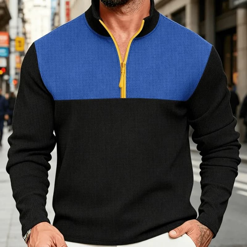 The New Waffle Men's T-shirt From Spring and Autumn Features A Casual and Sporty Color Scheme with Long Sleeves and Half Zippers