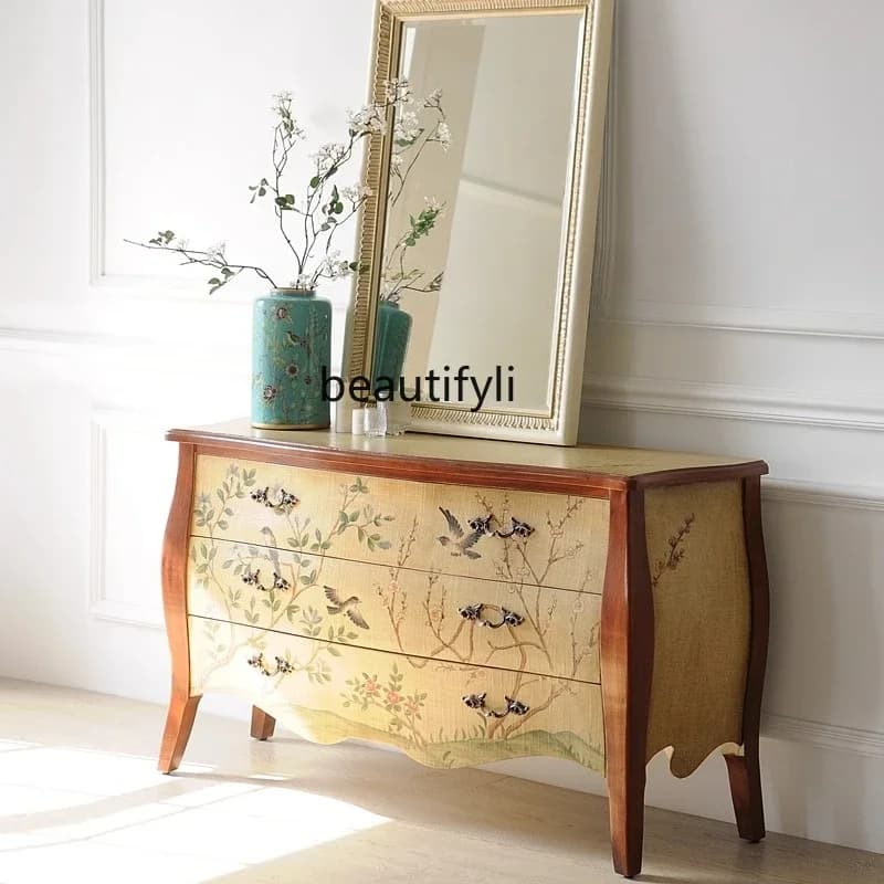 Classical Hand-Painted Colorful Beige Hallway Corridor Bedroom Sofa Side Entryway Storage Cabinet