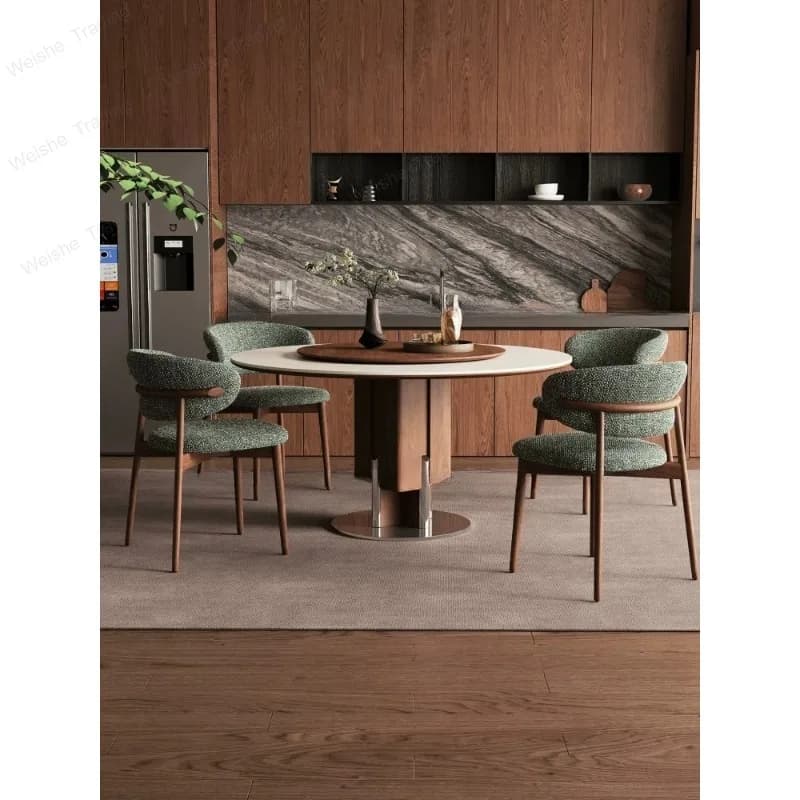 French retro solid wood round table with turntable, modern simplicity, travertine rock slab round dining table