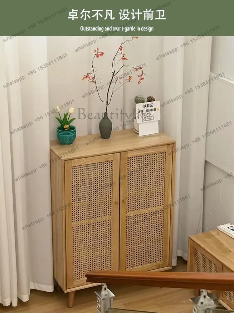 Solid wood storage cabinet at the door against the wall American light luxury high-end ultra-thin rattan cabinet