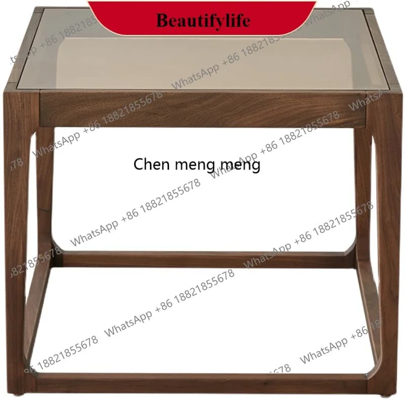 G153 Nordic black walnut solid wood edge table, simple modern tempered glass rectangular coffee table