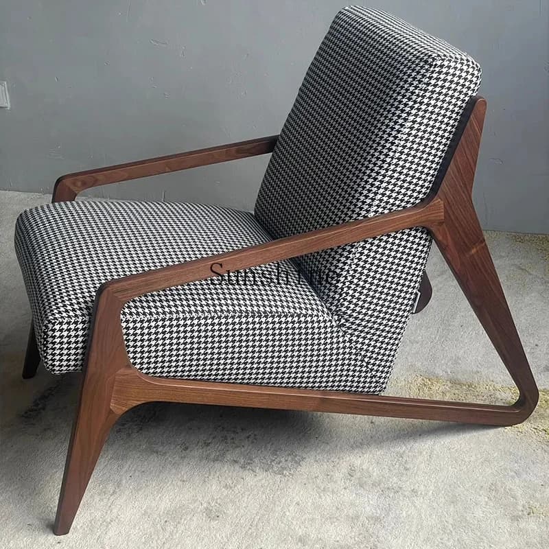 New Chinese-style living room single walnut simple sofa balcony casual fabric negotiation chair  FT