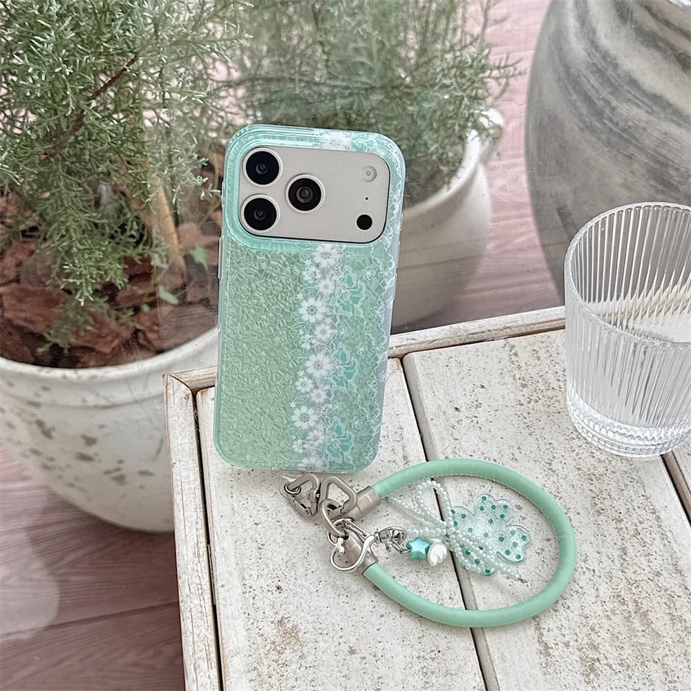 Korea Ins Fashion Green lace Phone Case For iPhone 18 Pro 14 15 16 17 Pro Max Cover Shockproof Soft Cute Cases with Chain 18pro