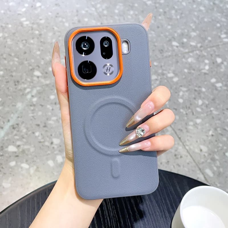 For OPPO Find X9 Pro Vegan Leather Phone Case Magnetic Wireless Charger PC Shell Protective Solid Color Back Cover