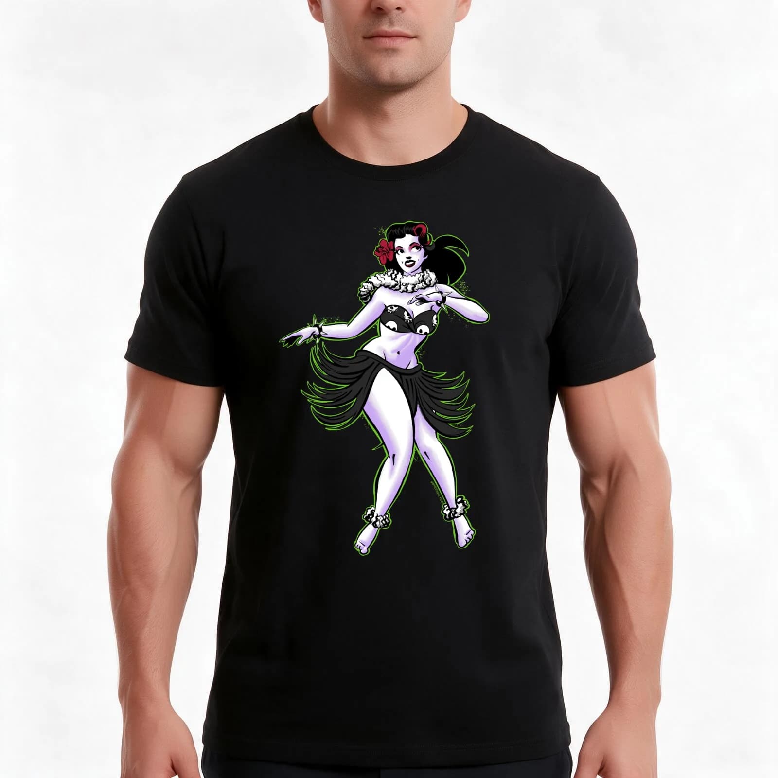Hula Ghoul T-Shirt, Summer Casual Cotton Tee, Oversized Streetwear Tops, Vintage Graphic Print, Loose Fit Short Sleeve