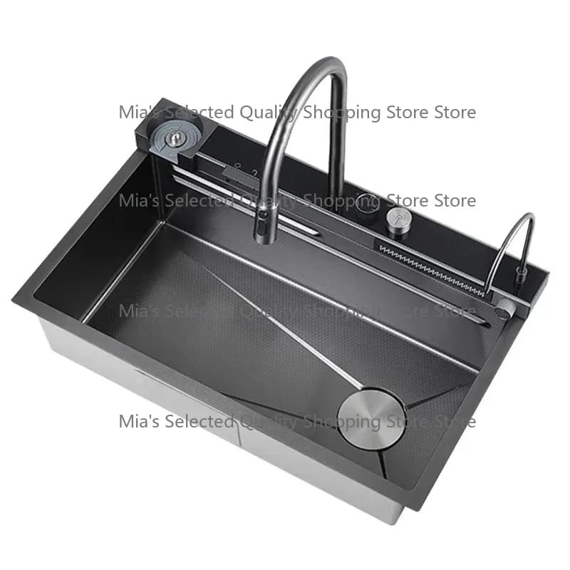 Kitchen Sinks Stainless Steel Multifunction Sink Modern Waterfall Single Bowl Digital Display Kitchen Sink Set