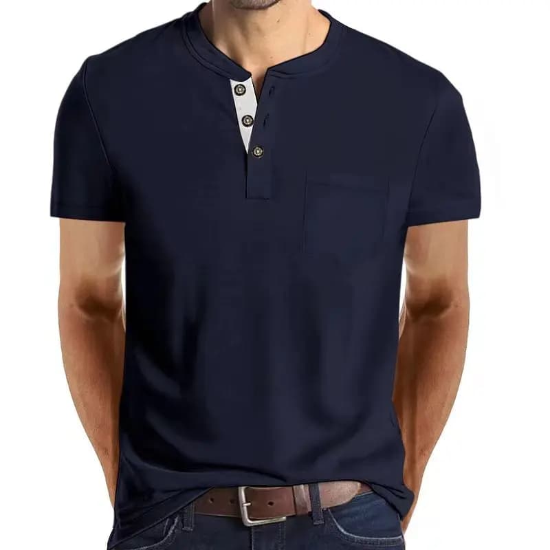 Men's Henley Neck T-shirt, Short Sleeve Solid Color Button-up Casual T-shirt with Pockets, Breathable Summer Top for Daily Wear。