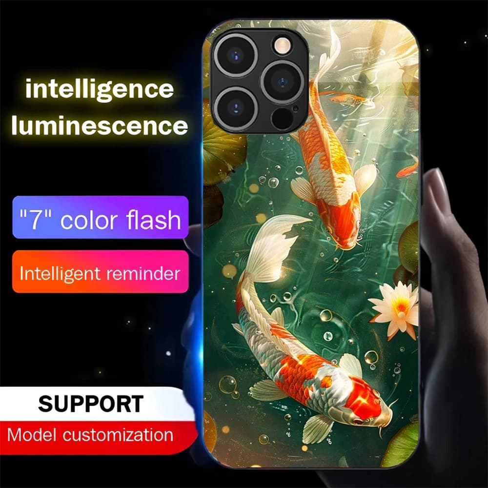 2025 Lucky Koi Carp LED Calling Light Flash Phone Case Smart Luminous Cover For iPhone Air 17 16 E 15 14 13 12 11 Pro Max