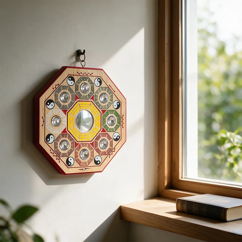 Wooden Octagonal Mirror Wall‑Hanging Ornament Traditional Yin‑Yang Pattern Crystal Inlaid Home Wall Decor Craft Pendant Gift