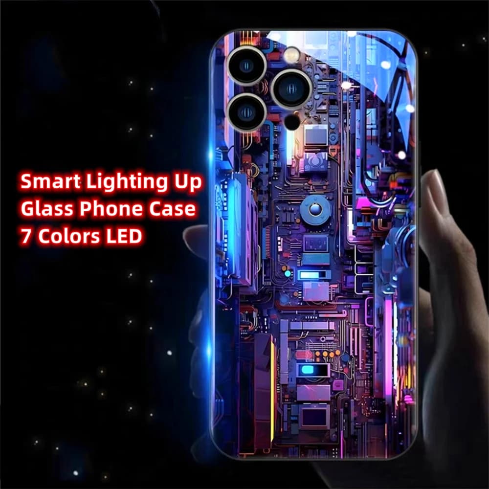 Cyber Circuit World Smart LED Light Glow Tempered Glass Phone Case For Samsung S25 S24 S23 S22 S21 S20 FE Note 10 20 Plus Ultra