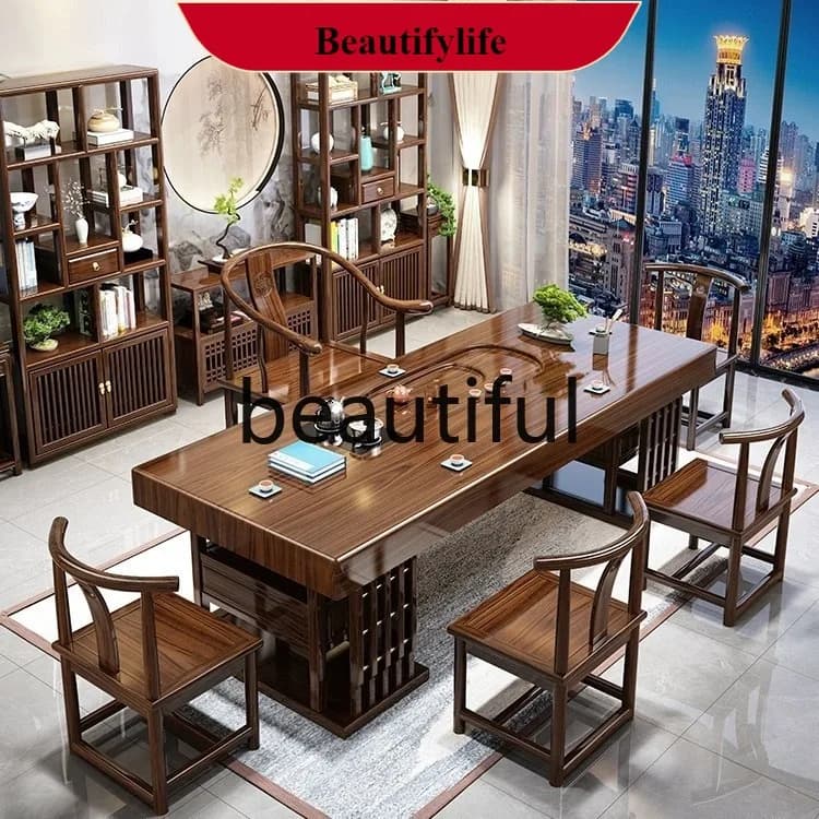 G153 Log large board tea table and chair combination one table and five chairs new Chinese office simple home tea table