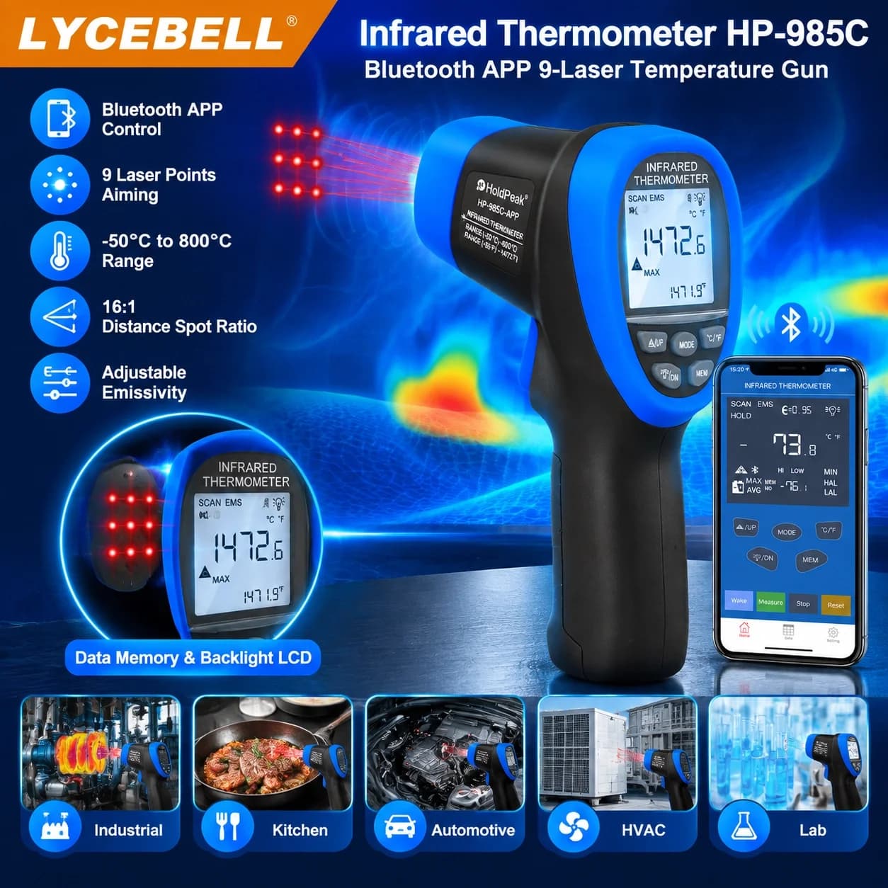 HoldPeak 985C-APP Infrared Thermometer -50℃~800℃ Laser 16:1 Emissivity Adjustable MAX/MIN/AVG Alarm Bluetooth APP