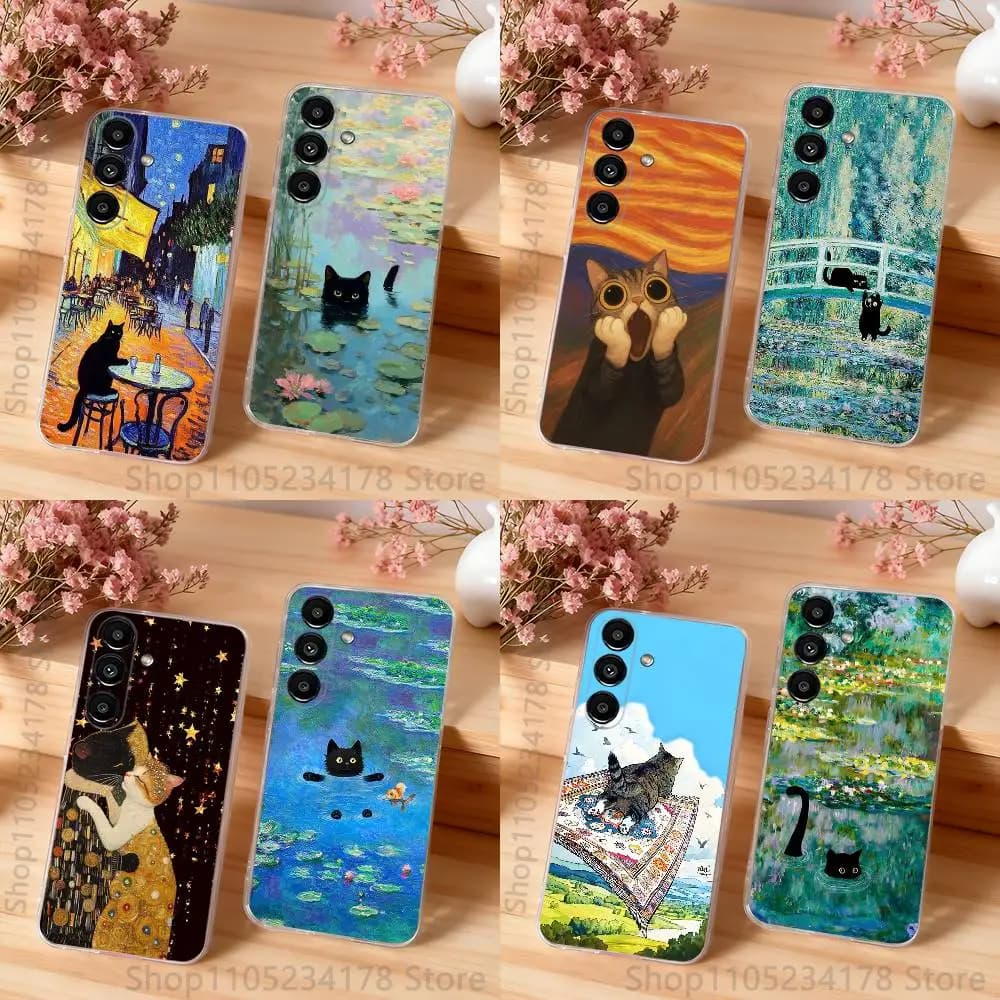 Funny Art Matisse Monet Black Cat Phone Case For Samsung S24,S25,S30,S23,S21,S22,S20,S10,5G,FE,lite,PIus,Ultra Clear Cover
