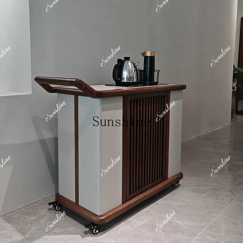 Movable solid wood household tea cart Small apartment tea table and chair combination kettle integrated tea table  FT