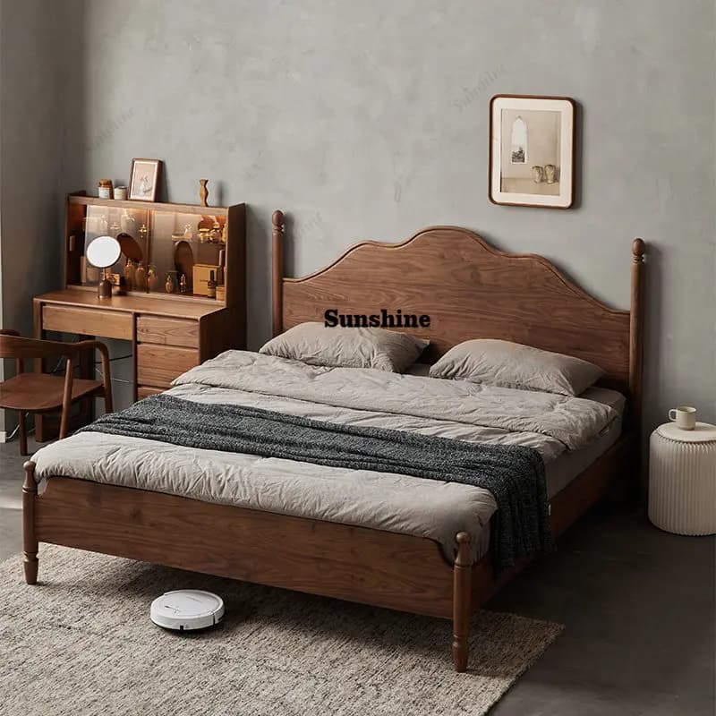 French master bedroom with a large board bed for home and a half-style solid wood double bed