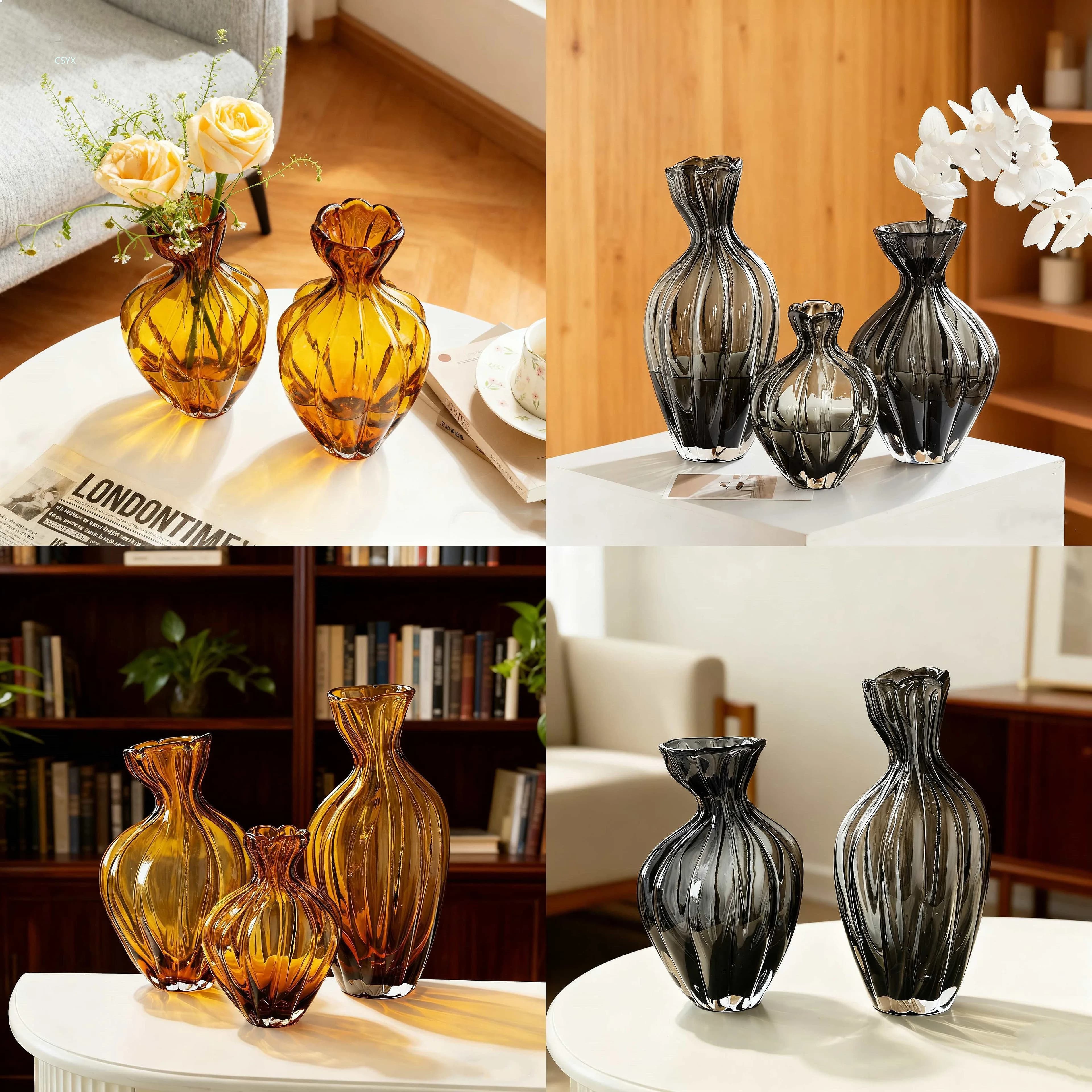 Nordic Handmade Wavy Rim Gradient Gray Curvy Pumpkin Vase Living Room Decor