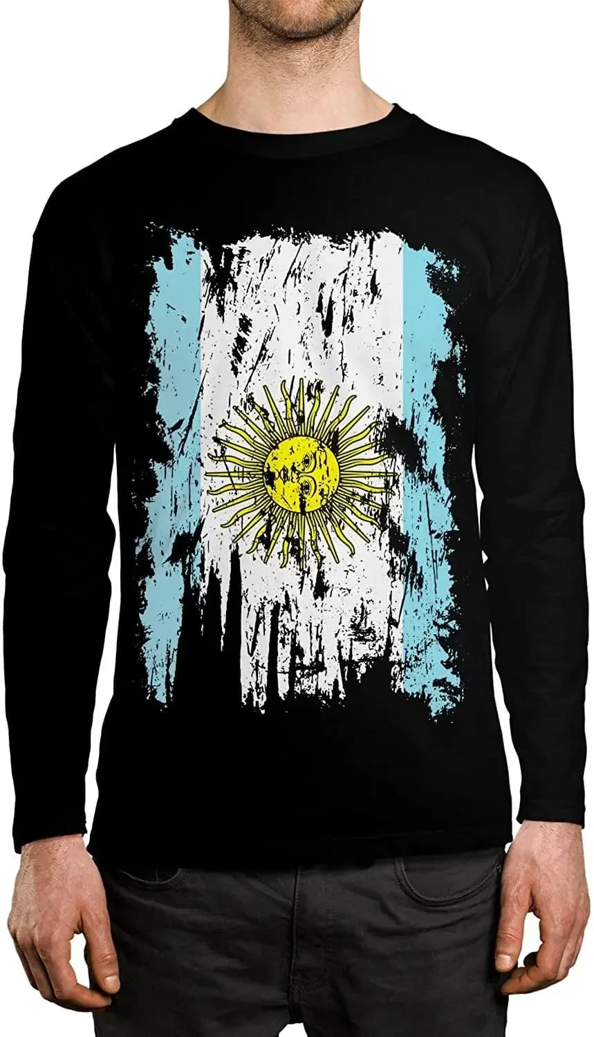 Distressed Argentina Flag Men's Long Sleeve Shirt Full  Casual 100% Cotton O-Neck  Print  T-Shirts