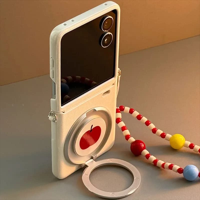 For Xiaomi Mix Flip Case White Leather Flip Phone Case For Xiaomi Mix Flip 2 Cover With 360 Degree Rotation Stand & Beaded Chain