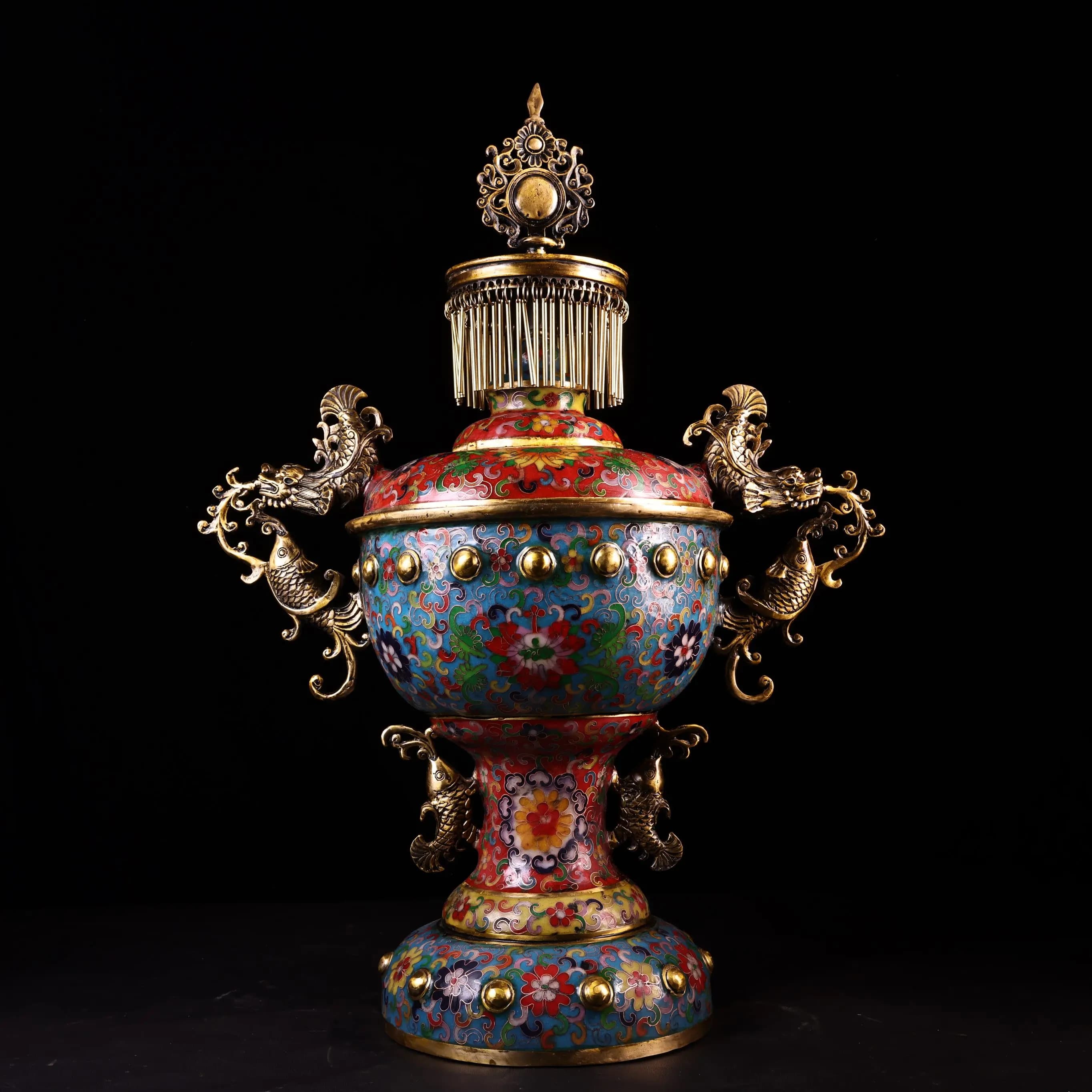 17"Tibetan Temple Collection Old Bronze Cloisonne Enamel Eight treasures Dragon Fish Statue Ear Incense Burner Amass wealth