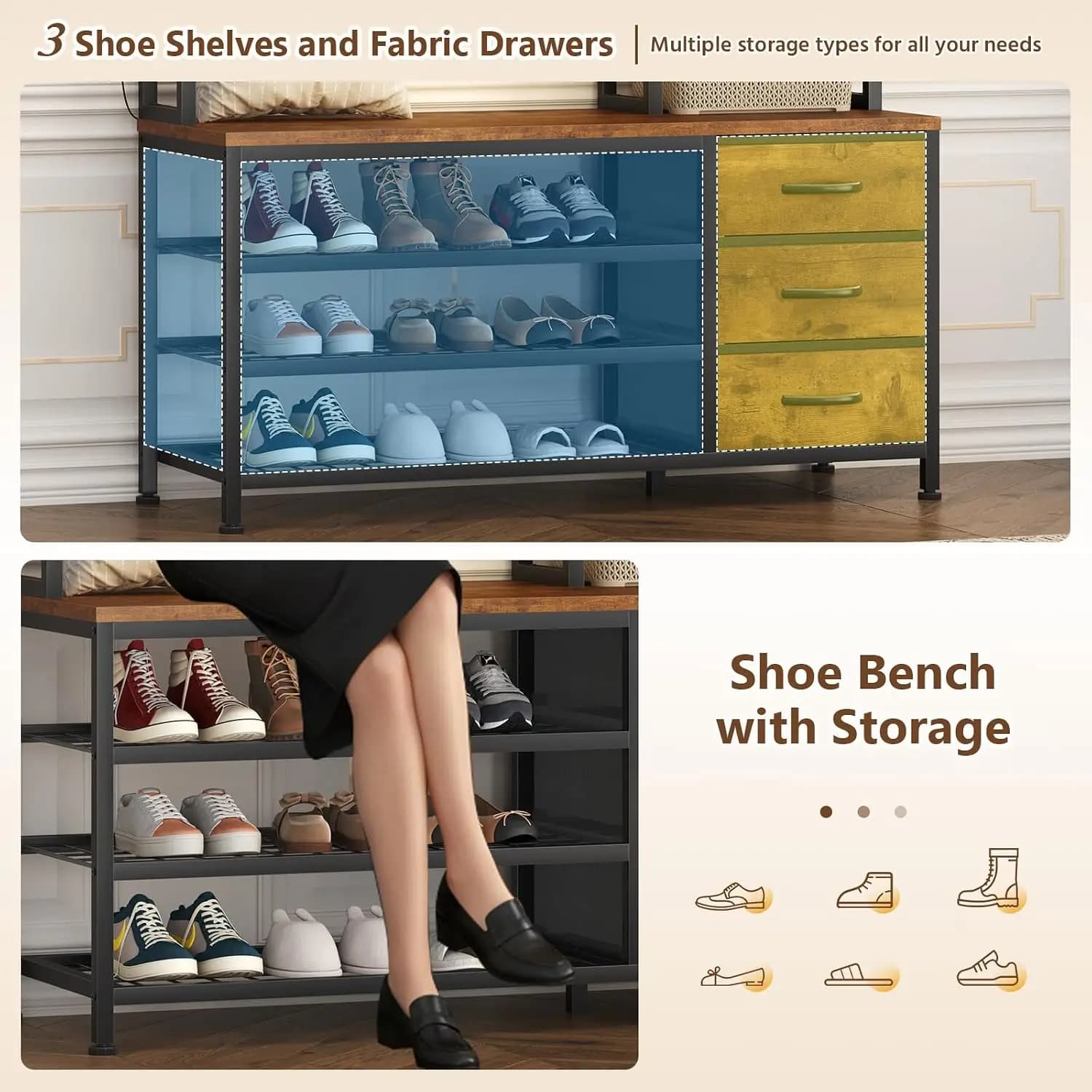 39.4" Hall Tree with Bench and Shoe Storage, Entryway Bench with Coat Rack, 25-in-1 Tall Hall Tree with Led Lights
